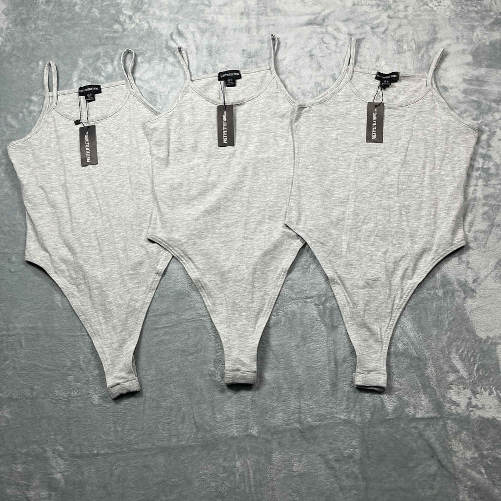 Pretty Little Thing Bodysuit Women Grey Marl Cami Strap Scoop Neck Size 8 3 Pack